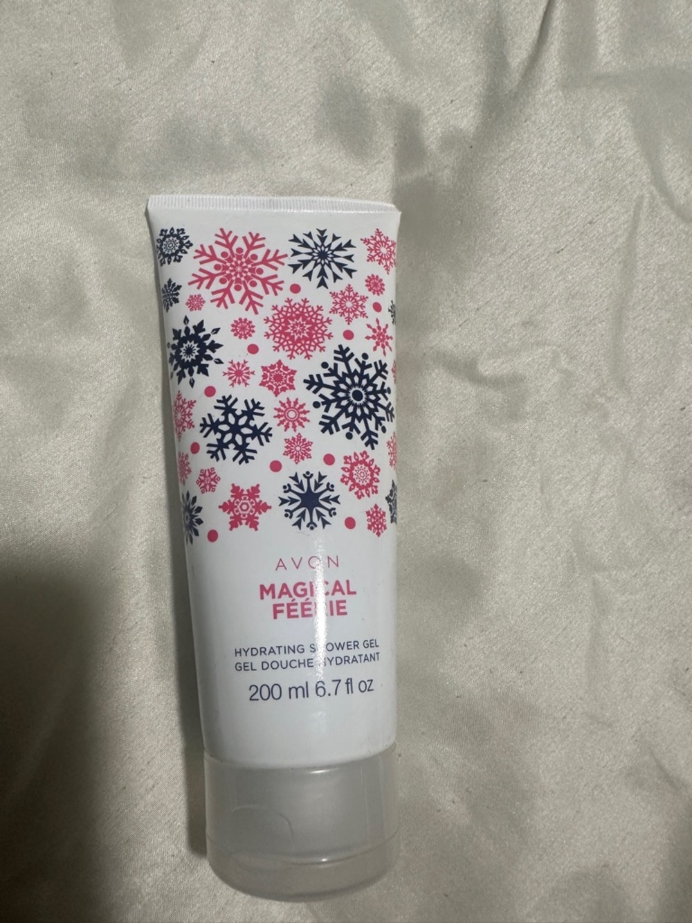 Avon Magical Feerie Shower Gel Tube - White with Pink & Navy Snowflakes